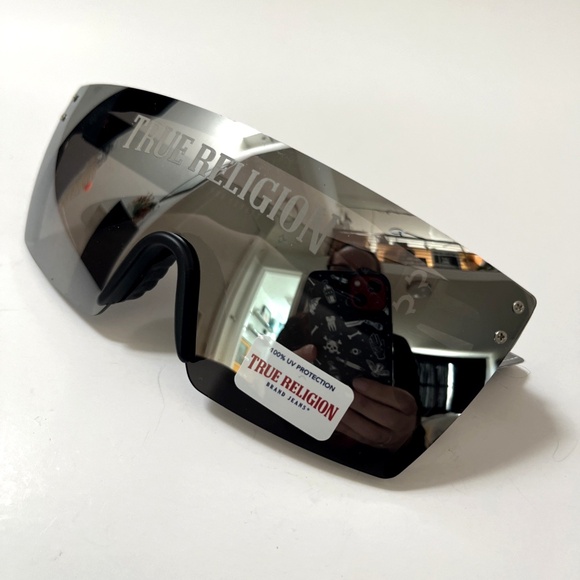 New Original TRUE RELIGION Shield Sunglasses Mirror Matte Acetate Rimless Logo - Picture 7 of 8